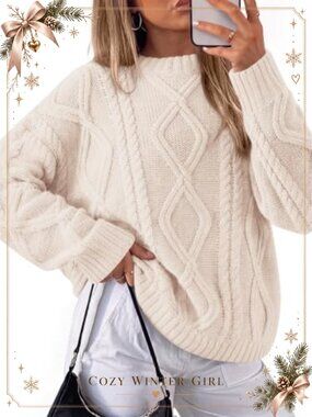 Oversized Chunky Cable Knit Crewneck Sweater Long Sleeve Pullover